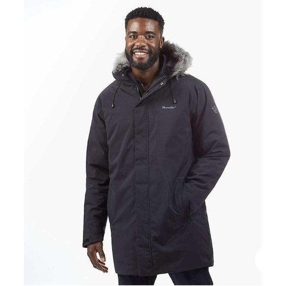 NEW! Moosejaw Men's Down Parka Hooded Fur Trimed Mid-Length Black Size L $199 - Picture 1 of 16